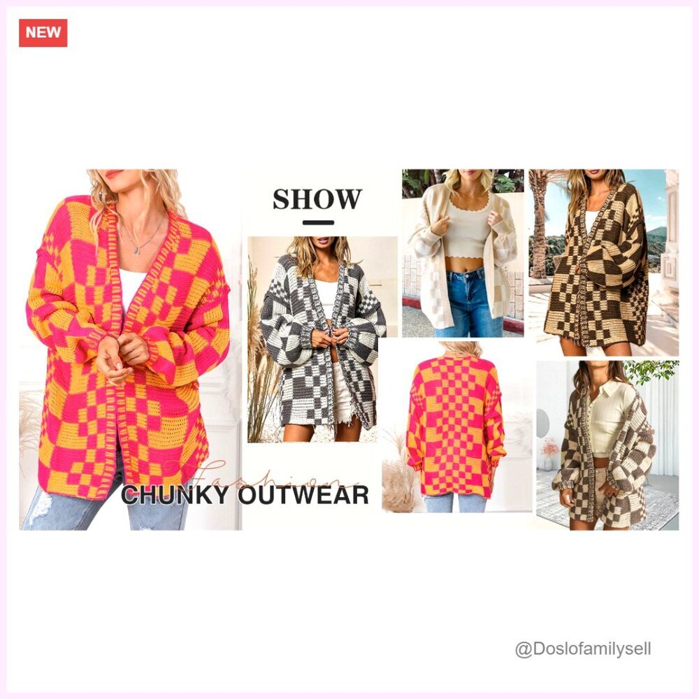 Chunky Knit Cardigan, Oversized Fit, Acrylic, Open Front, Plaid Pattern - Picture 7 of 7